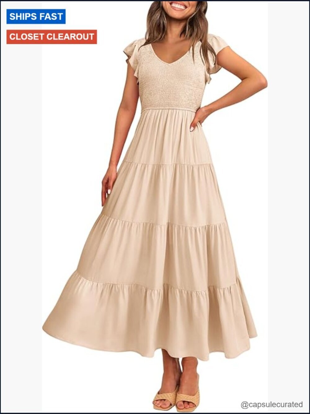 Flowy Maxi Dress V Neck Cap Sleeve Smocked Boho Sundress Casual